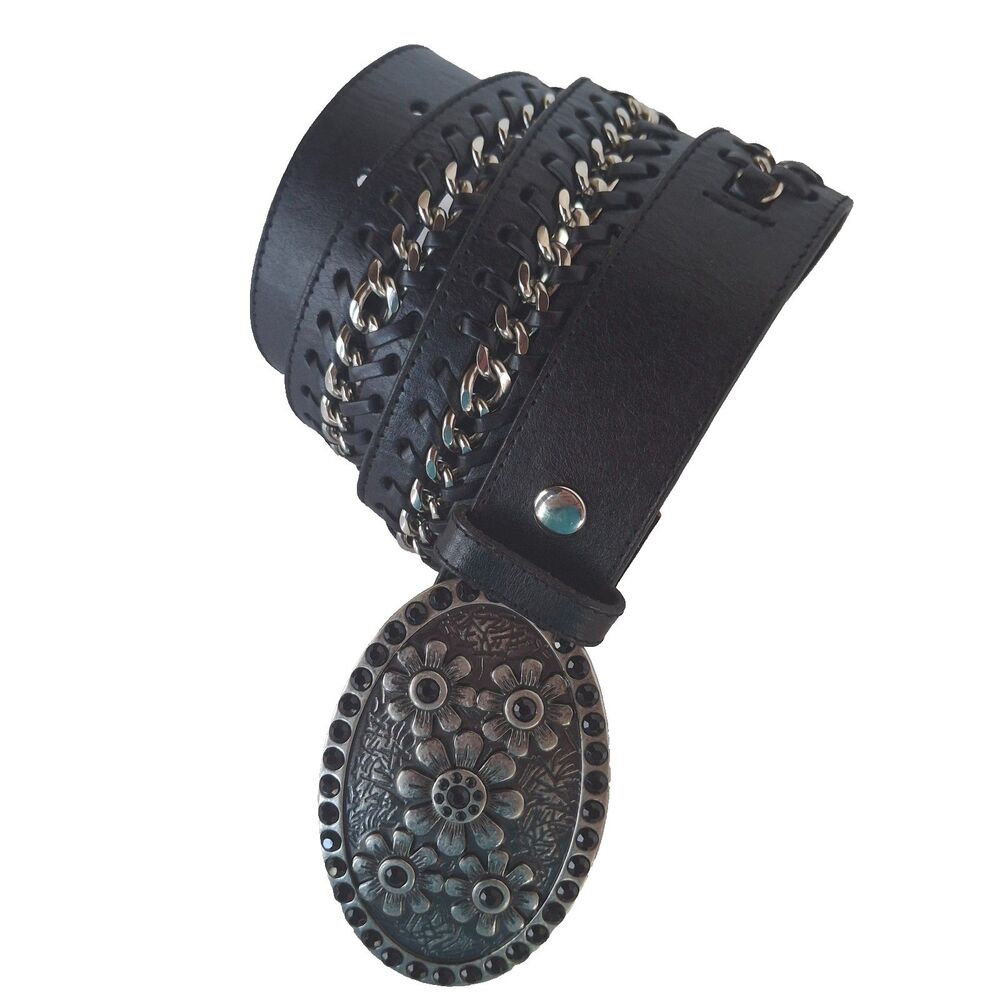 Vtg Blk Leather Womens XL Interchange Buckle Intertwined Metal Links Boho Chic